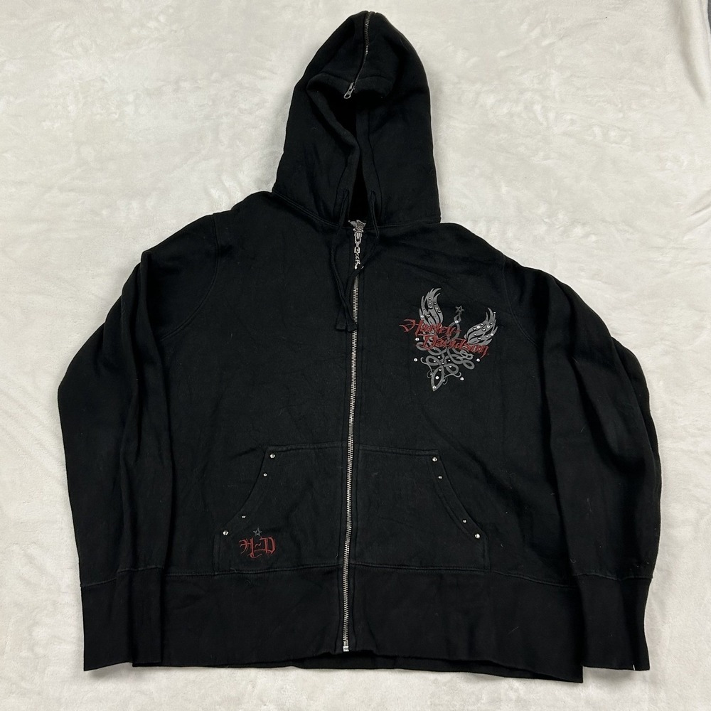 Harley Davidson Zip Up Hoodie Womens XL Black Rhinestone Winged Graphic Biker